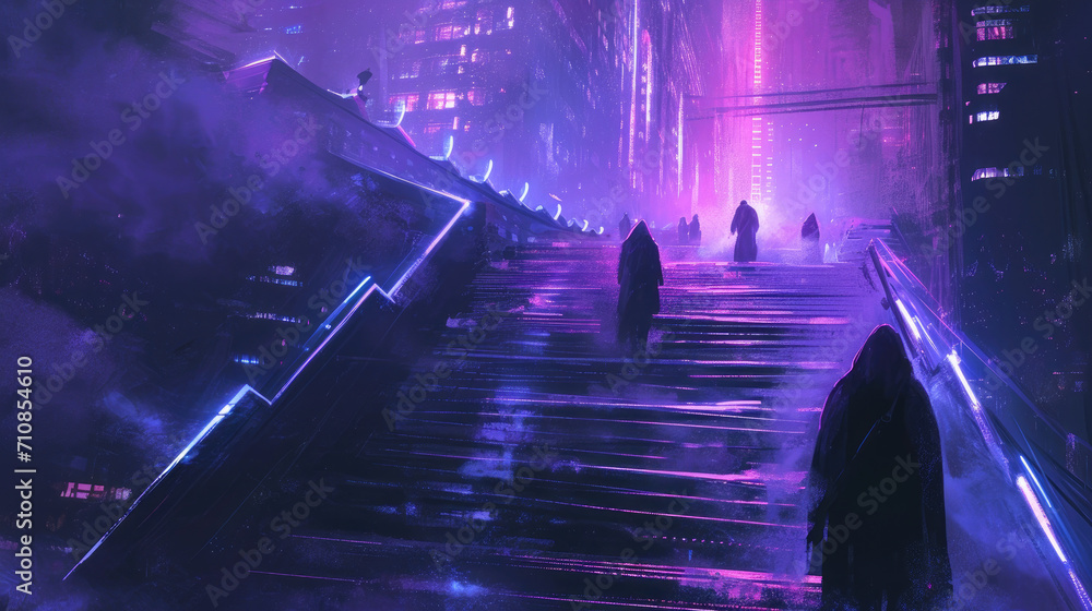Fototapeta premium Eerie futuristic dystopian image of people at top of steps