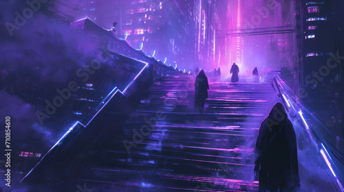 Eerie futuristic dystopian image of people at top of steps photo