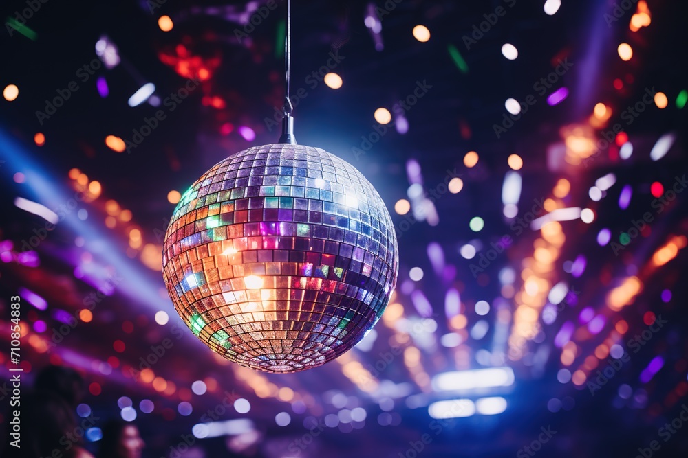 Obraz premium A disco ball reflects bright colorful lights in the night club dance hall.