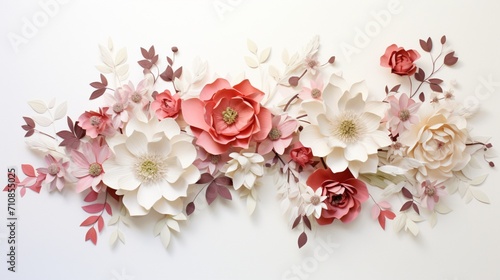 the graceful blend of white, red, and pink flowers on a pristine white surface. © Balqees