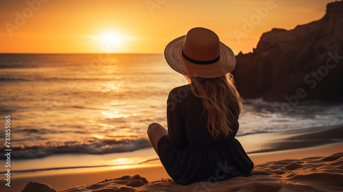 a girl in a hat sits on the beach at sunset