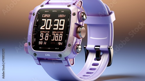 A smartwatch with a vibrant display on a light purple background