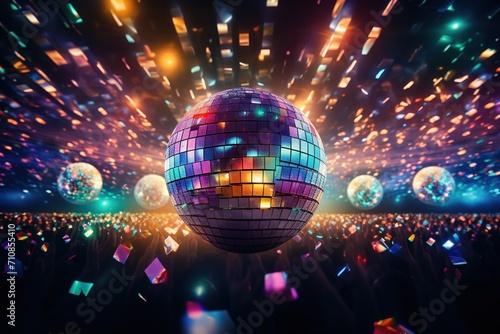 A disco ball reflects bright colorful lights in the night club over a dancing crowd