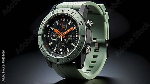 A sports watch with a rubber strap displayed on a pale green surface