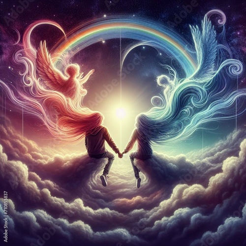 Twin flame couple. Soulmates. The concept of magical, esoteric, tantric, spiritual love. Connection between souls. Illustration for websites and much more. Created using generative ai tools. © Marin4ik