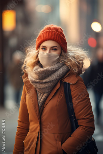 Cheerful woman in medical mask in winter. Pandemic virus