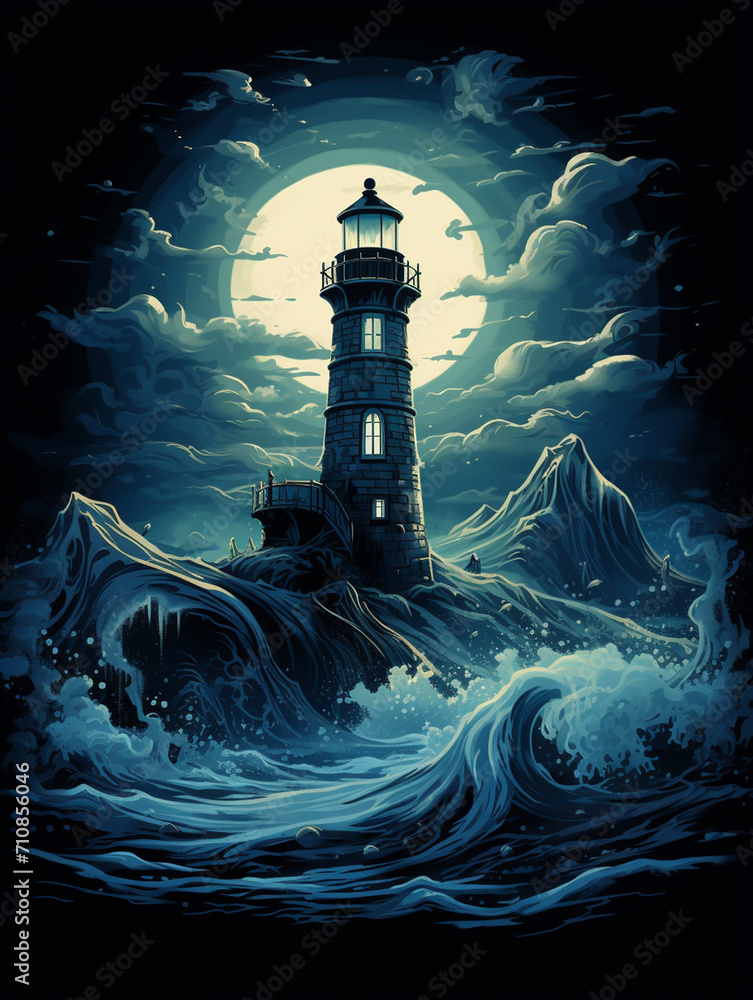 T-shirt design, a lighthouse standing in the frozen ocean, in the style of hauntingly beautiful illustrations created with Generative Ai
