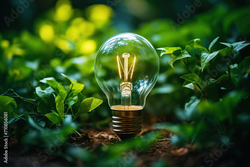 A glass light bulb glows among grass and leaves on a ground