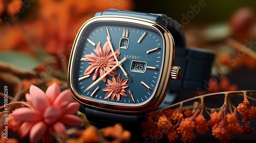 A square-faced watch with a metallic blue dial on a soft coral background