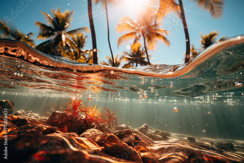 Image below and above water with a view of the seabed and palm trees. Generated by artificial intelligence photo