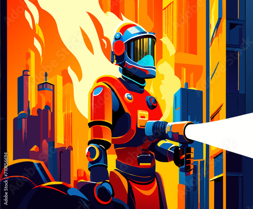 Robot firefighter extinguishing a digital fire vektor illustation