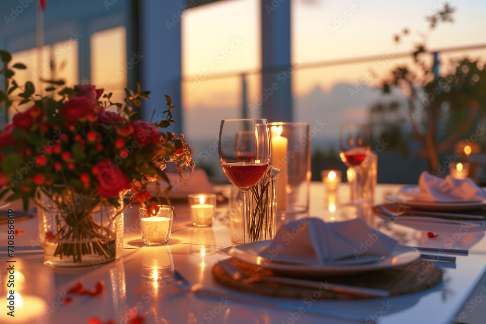 An intimate dinner setting outdoors with candles and string lights at dusk on terrace