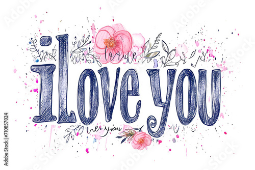 I love you hand drawn lettering with flowers.  photo