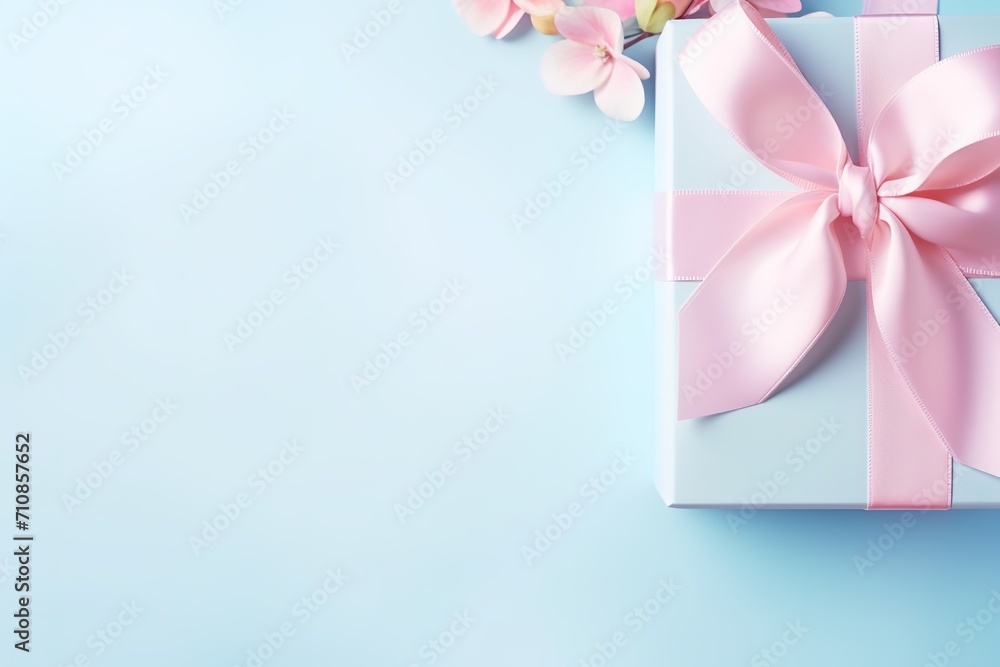 banner pastel colors gift box with elegant pink ribbon , spring flowers on light blue background, copyspace for text, spring holidays, valentines day, mothers day and birthday card. banner pastel colors gift box with elegant pink ribbon , spring flowers on light blue background, copyspace for text, spring holidays, valentines day, mothers day and birthday card.