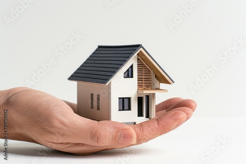 A hand holding a miniature model of a modern house. concept real estate dream home