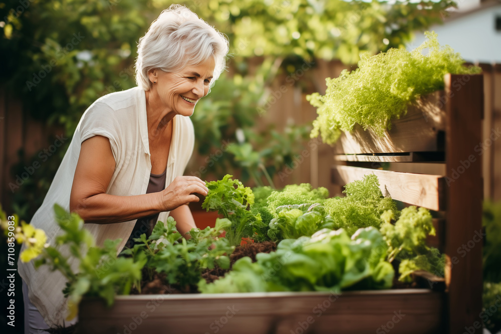 Obraz premium Smiling senior woman enjoying gardening in lush raised garden beds