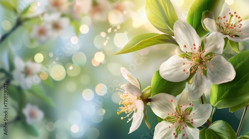 Background of beautiful, blooming spring white flowers in sunlight