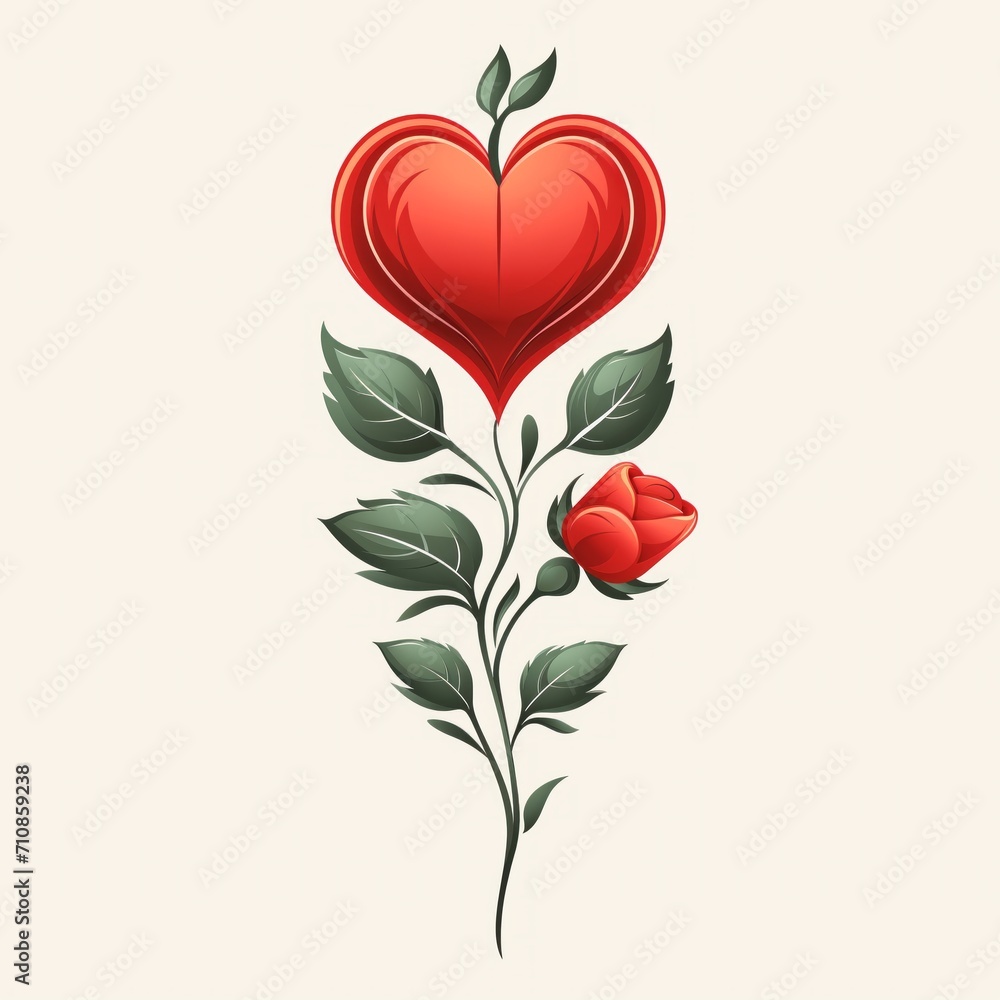 Branch of roses with flowers shaped like red hearts, on a white background