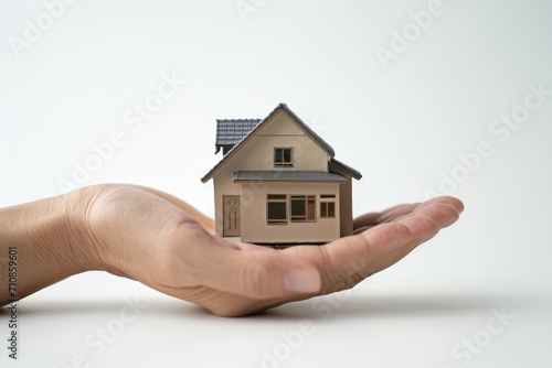 A hand holding a miniature model of a modern house. concept real estate dream home