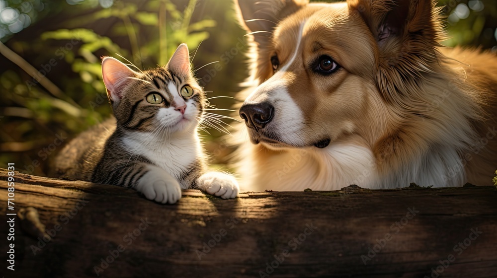 the light of a spring day enhances the brightness of the meadow, showing off the texture of the dog and cat's fur and adding warmth and sincerity.