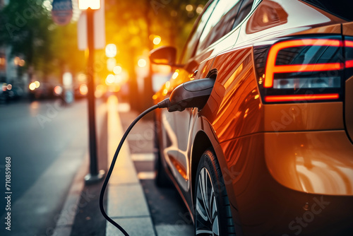 Charging an electric car on a city street at sunset, closeup