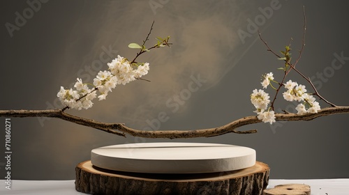 composition with the placement of a podium made of pieces of wood and spring branches. This creates a harmonious display, emphasizing the minimalist aesthetic