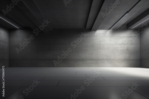 Gray concrete empty wall for your text or product product presentation with copy space, room mockup, brown parquet floor