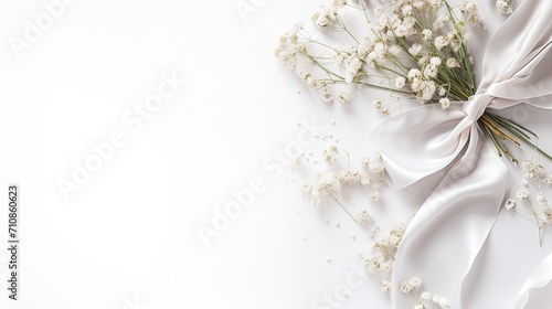 wedding desktop mockup eucalyptus leaves, and satin ribbon on a white background.