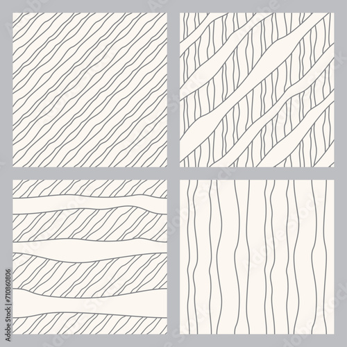 Set of vector doodle diagonal seamless patterns from grey wavy lines on a beige background