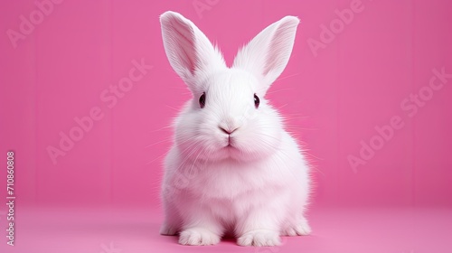 a white rabbit on a pink background that will complement the white rabbit fur. This creates an aesthetic composition that emphasizes the rabbit as the main character © Светлана Канунникова