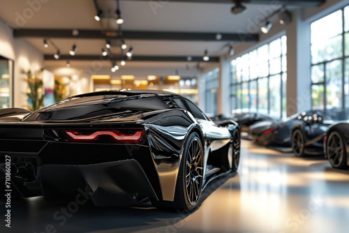 Premium black sports cars in modern dealership showroom with huge windows © colnihko
