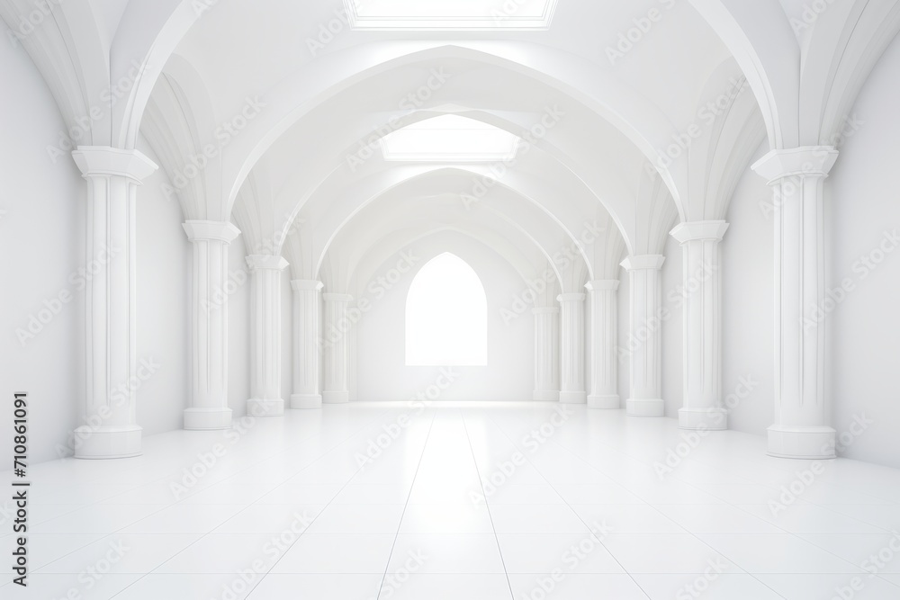 White empty interior with arches for your text or product product presentation with copy space, room mockup, white floor White empty interior with arches for your text or product product presentation with copy space, room mockup, white floor