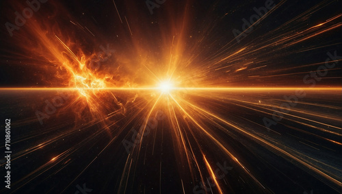 Bright orange light explosion on black background. Space art, abstract wallpaper, anamorphic lens flare, volumetric lighting. Ideal for illustrating science news photo