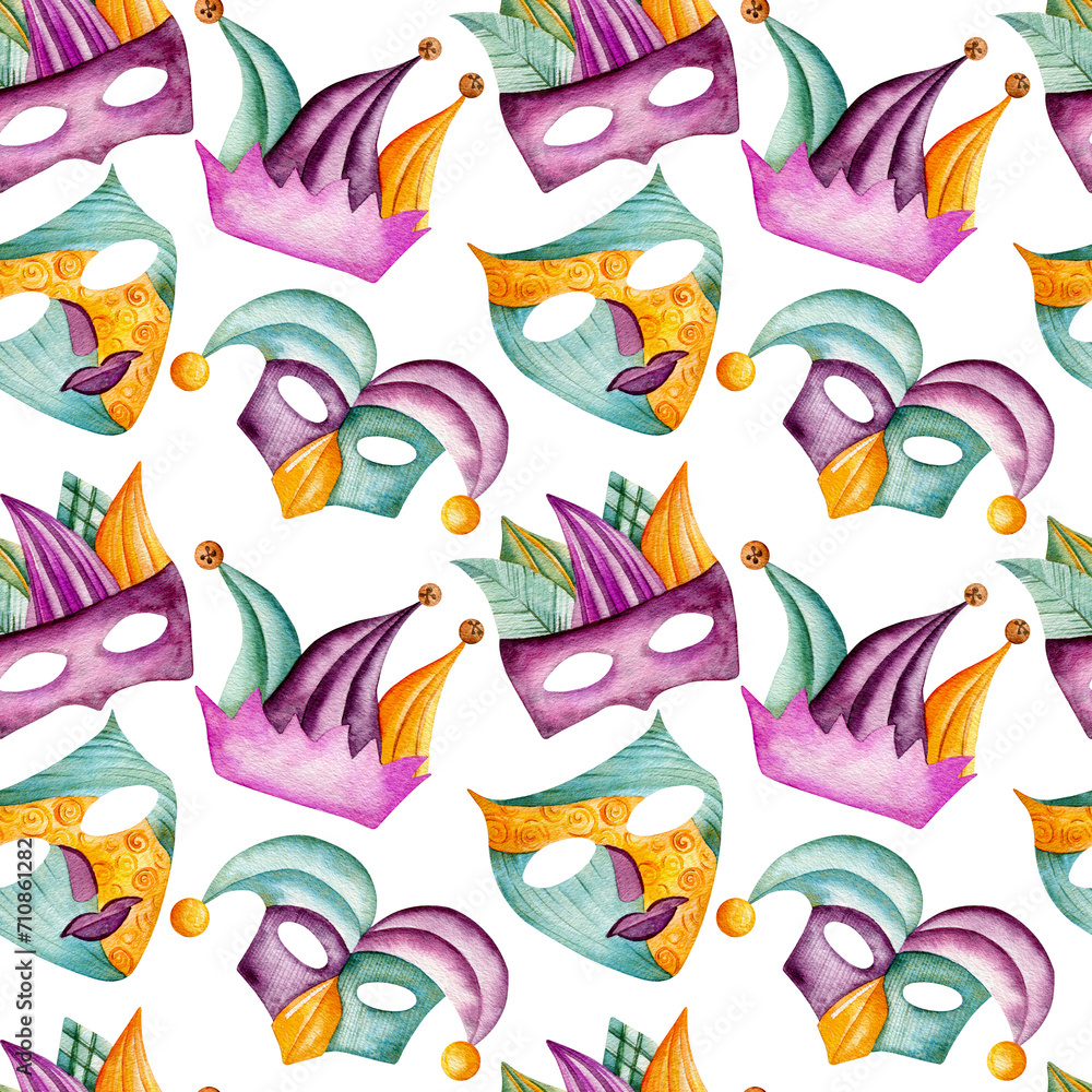 Seamless watercolor pattern. Hand drawn various masquerade masks, jester's hat. Carnival, Mardi Gras. Isolated on transparent background. Design for wrapping paper, backgrounds, wallpaper.