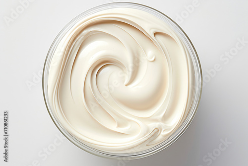 jar of cream or lotion, in the style of photorealistic accuracy, plasticien, wavy resin sheets, tondo, soft, high-angle, white

 photo