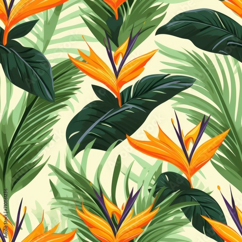 Seamless tropical pattern with flowers. tropical plants, simple, flat style, Strelitzia plant,