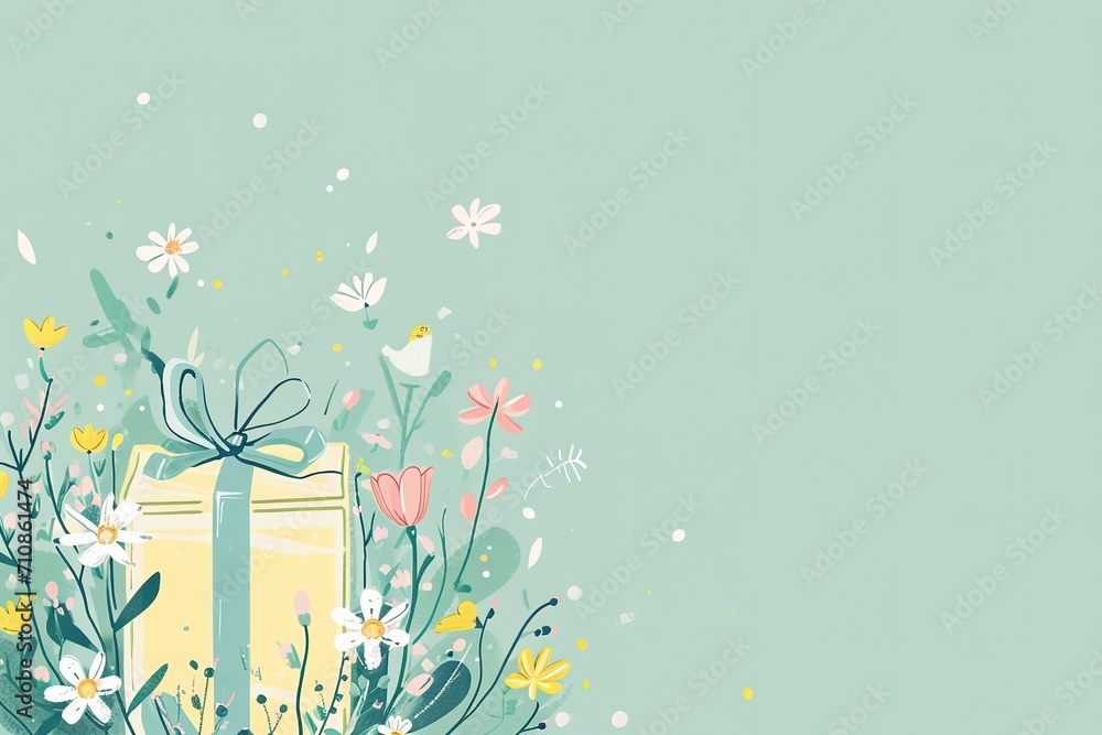 Obraz premium spring gift box with white flowers and green ribbon, mothers day card, valentines day, promotions, and seasonal discount, flat illustration.