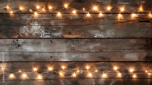 Rustic Christmas Lights on Weathered Wood Background