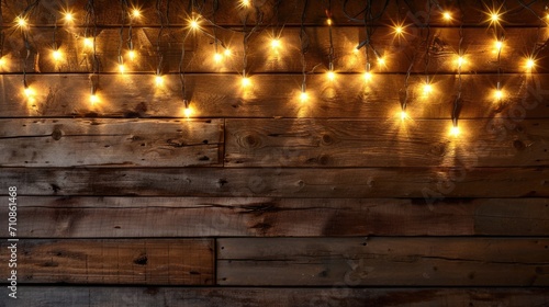 Rustic Christmas Lights Shine on Weathered Wood Background