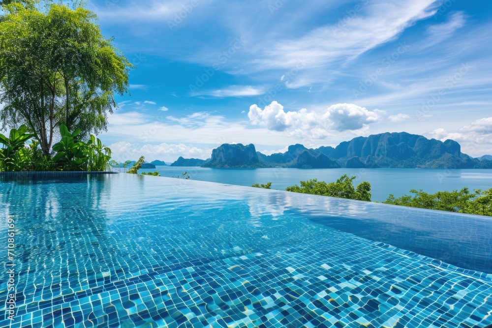 Tropical Paradise: Swimming Pool Overlooking Andaman Sea and Blue Skies