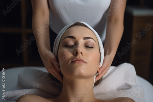 Woman having facial massage at beauty spa for her skin treatment, in the style of ultrafine detail, large canvas format, biedermeier, soft light