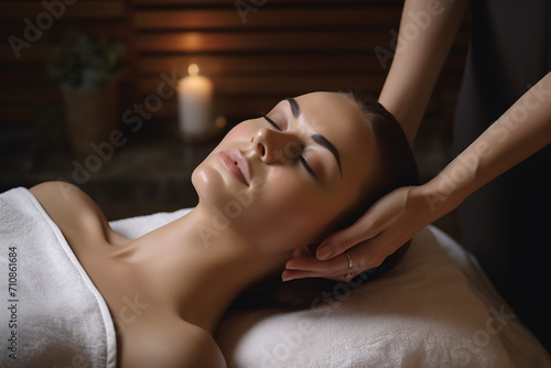 Woman having facial massage at beauty spa for her skin treatment, in the style of ultrafine detail, large canvas format, biedermeier, soft light