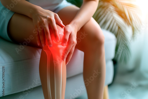 Woman Holds Her Knee, Knee Pain Concept Illustration, Leg X-Ray, Knee Cap Problems photo