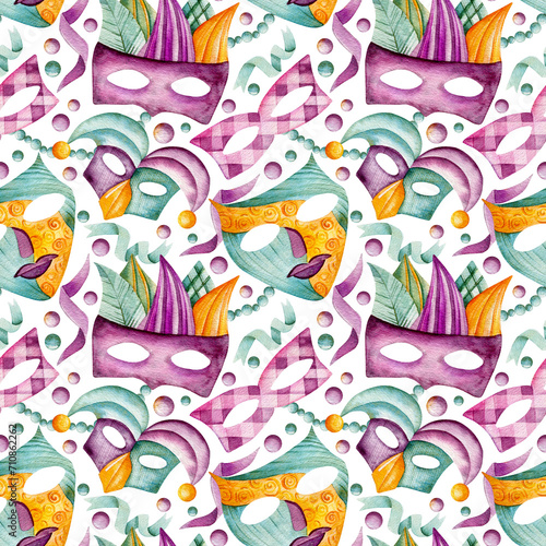 Seamless watercolor pattern. Masquerade masks  jester s hat  colorful confetti  beads  ribbons. Carnivals  Mardi Gras  festivals. Design for wrapping paper.