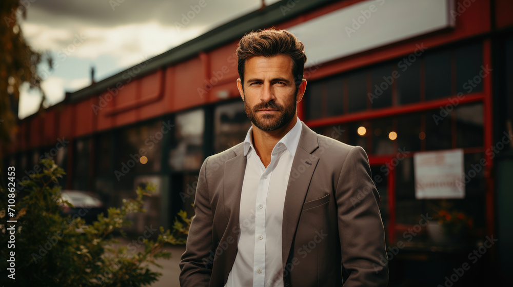 Portrait of successful business man owner in suit standing in front of modern office. Portrait of successful business man owner in suit standing in front of modern office.