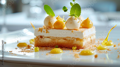A beautiful and modern dessert consisting of sponge cake with lemon ice cream on a white plate, culinary art
. Restaurant. Homemade food.