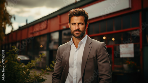 Wallpaper Mural Portrait of successful business man owner in suit standing in front of modern office. Torontodigital.ca