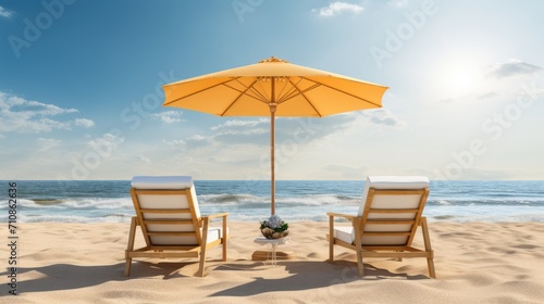 Chaise lounge and umbrella on idyllic tropical sand beach.