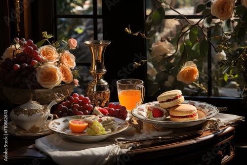 Elegant table displays fresh fruits pies and refined afternoon tea cream.  generative IA