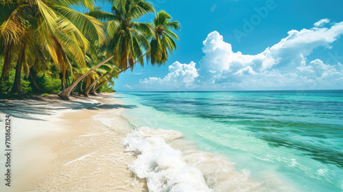 Beautiful beach with palm trees and turquoise sea on a bright sunny day.